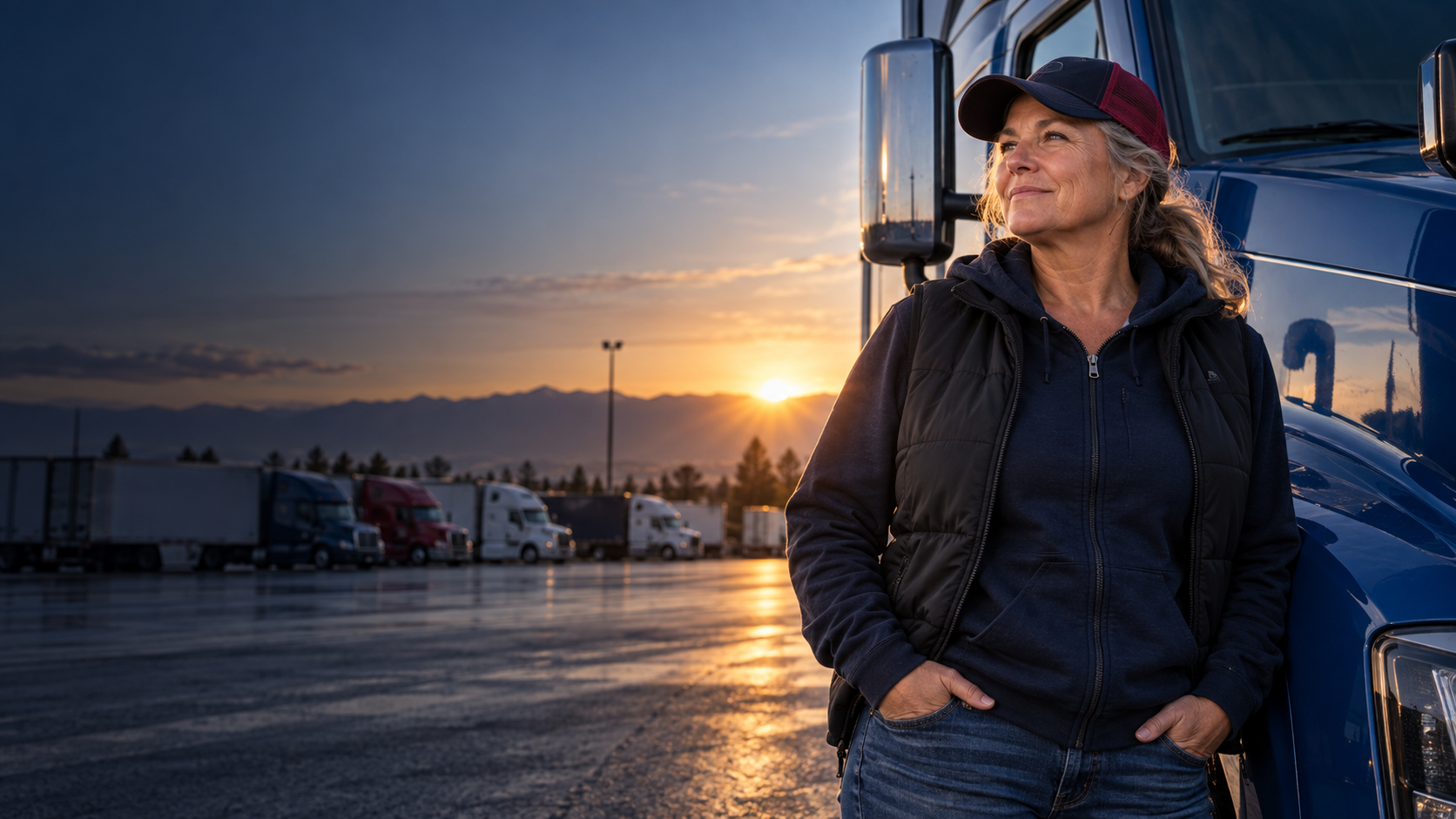 Experienced woman truck driver standing beside a blue semi-truck at sunrise